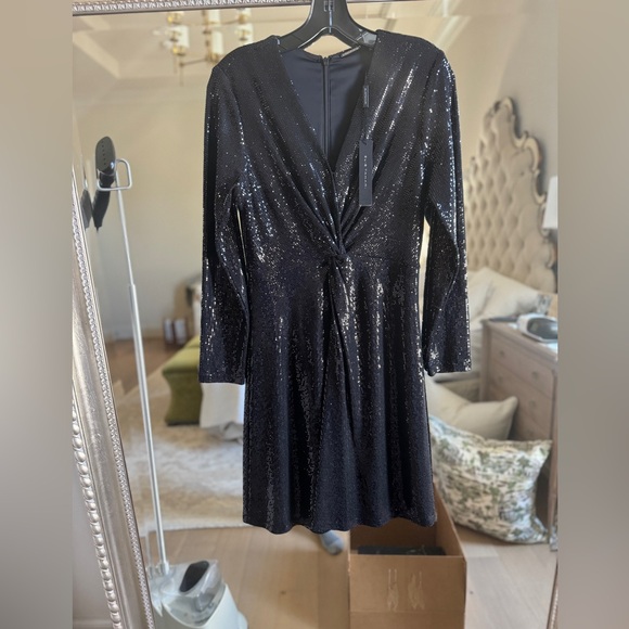 NWT Elie Tahari Sequin Twist Dress. Little black dress. Long sleeves. Size 8. - Picture 3 of 6